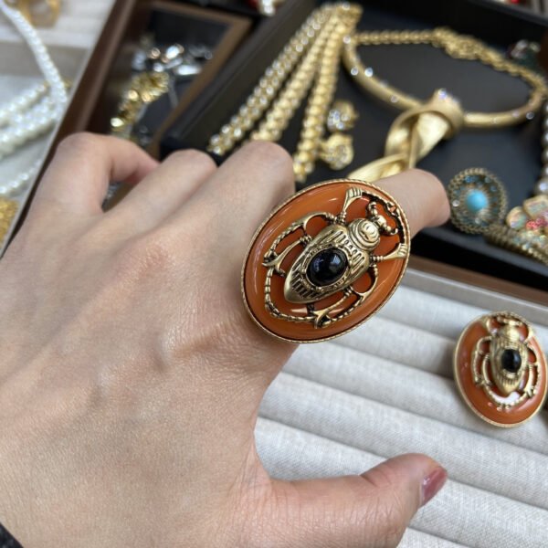 Gold-Plated Enamel Orange Vintage Beetle Insect Beaded Double-Layer Necklace Earrings Ring and Brooch Jewelry Set