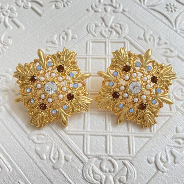 French Court-Style Earrings – Gold-Plated Color-Retaining Hollow Design with Zircon Inlay  Elegant Studs